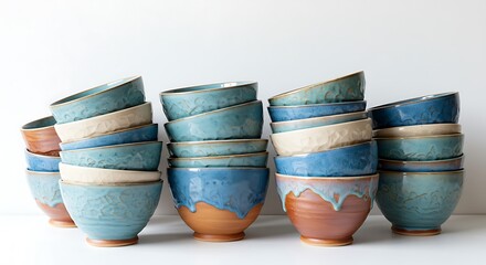 Multiple stacks of handmade ceramic bowls in various blue, cream, and earthy tones on a white background.