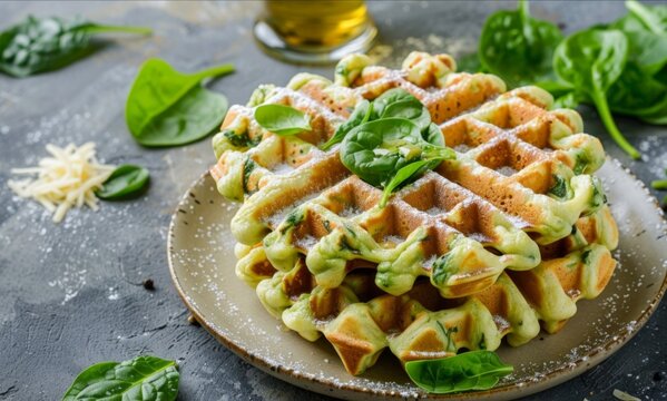Spinach Waffle Delight: A mouthwatering stack of fresh spinach waffles, elegantly plated with fresh spinach leaves and a sprinkle of powdered sugar.