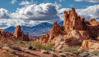 Fototapeta premium Dramatic desert landscape featuring towering, rust-colored rock formations under a partly cloudy sky, with distant mountains