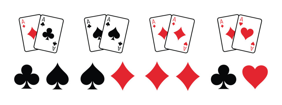 A collection of flat vector icons featuring the four classic playing card suits and various card pair combinations for casino and game design