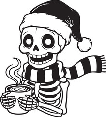 Cheerful Skeleton Wearing Santa Hat and Scarf Holding a Steaming Mug