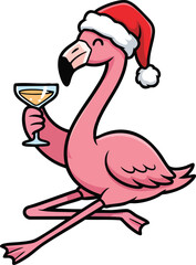 Pink flamingo wearing Santa hat holding a cocktail