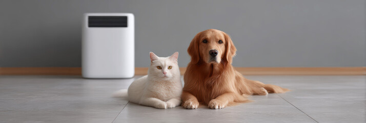 Calm golden retriever dog and white cat relaxing indoors by modern sustainable energy air conditioner creating healthy atmosphere for pets smart home concept