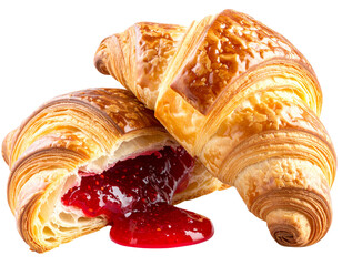 Fresh Croissant with Strawberry Jam Spread, Isolated PNG