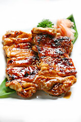 Tori Teriyaki, Grilled Chicken Teriyaki sauce served with pickled ginger on white plate