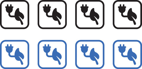 eco friendly, sustainability, renewable energy, green energy, plug, leaf, plant, sprout, icon, symbol, set, collection, black, white, blue, rounded square, graphic, design, concept, technology, nature