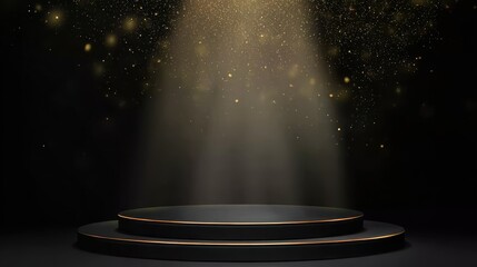 Spotlight on black podium with glitter effects, suitable for branding, events, and luxurious compositions