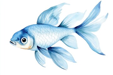 Fototapeta premium Delicate watercolor blue goldfish swimming gracefully on white background