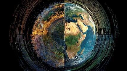 quadrants. Fractured globe with mismatched seasonal quadrants spinning chaotically amid erratic satellite data. ESG reports, sustainability campaigns, designed for environmental awareness campaigns.