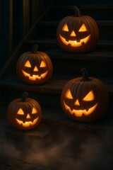 Four glowing jack-o-lanterns with carved faces on wooden steps surrounded by mist, perfect for Halloween themes.