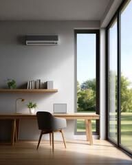Obraz premium Calm modern home office featuring sustainable energy air conditioner for clean cool air. Comfortable workplace interior provides tranquil view from large window