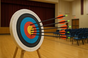 Archery target with arrows hitting bullseye in classroom, business training promo