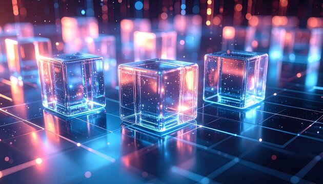 Abstract digital cubes with glowing neon lines