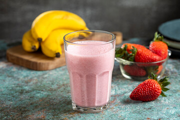 Strawberry, banana, and milk smoothie. Strawberry and banana vitamin.