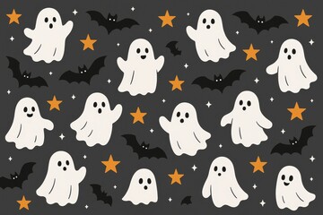 Seamless cute halloween pattern with smiling ghosts, bats, and stars in black and orange for seasonal festive designs.