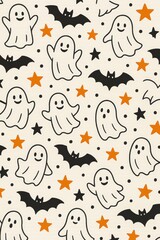 Obraz premium Seamless cute halloween pattern with smiling ghosts, bats, and stars in black and orange for seasonal festive designs.