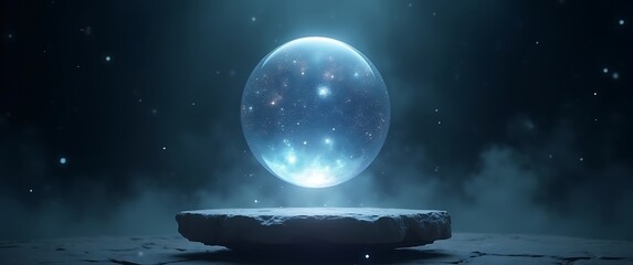 Levitating Cosmic Sphere Above Stone Altar in Void