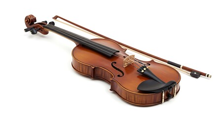 Violin with bow on white background, musical instrument.