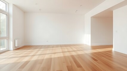 Minimalist living space with wooden floors and white walls, embodying serene modern design.