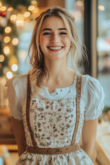 A portrait of a joyful young woman with a genuine smile, celebrating Oktoberfest. She wears an elegant, authentic Bavarian dirndl dress with detailed embroidery.