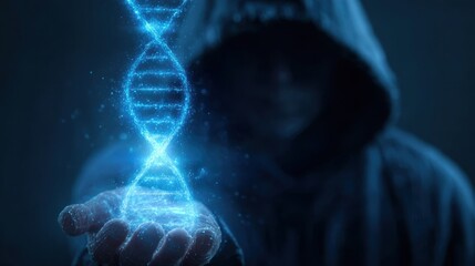 hooded figure holds glowing dna