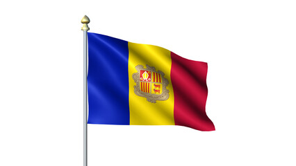 Waving Andorra national flag on flagpole with transparent background