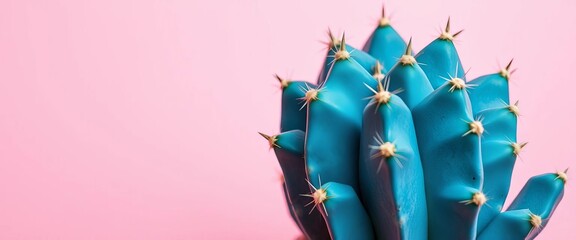 Close-up of a trendy blue cactus on a pastel pink background Sweet summer vibe, pastel pink, pastel