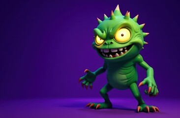 Obraz premium animated green monster with spiky scales and sharp claws standing against vibrant purple background. cartoon creature with expressive eyes, suitable for animations, games, children's media.