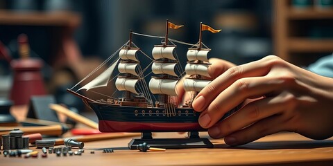 Focused hands meticulously crafting miniature model ship,  paint,  carpentry