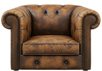 A classic brown tufted leather Chesterfield armchair with rolled arms, isolated on a plain white background.