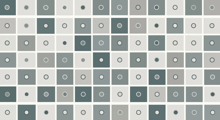 Geometric pattern of squares with abstract circular and dot designs.