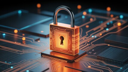 Digital Fortress: A stylized image of a gleaming padlock, symbolic of robust data security, is prominently displayed against an intricate motherboard circuit.