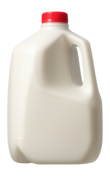 White plastic gallon milk jug with red cap.