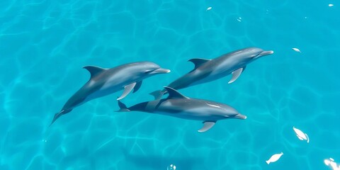 Graceful dolphins glide through crystal-clear Mauritian waters,  coral reef,  sea