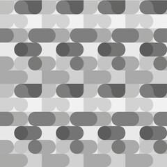 Repeating geometric pattern of rounded rectangles and circles in grayscale.