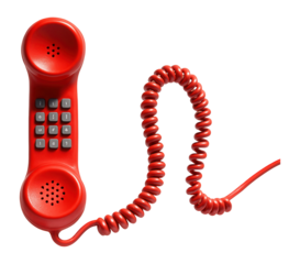 Red telephone handset with coiled cord on white background.