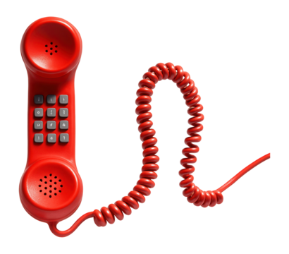 Red telephone handset with coiled cord on white background.