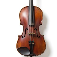 A close-up shot of a classic wooden violin with a rich brown finish, showcasing its intricate details and elegant curves against a white background.