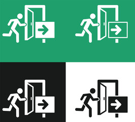 Emergency Exit Sign Icon Set with Running Man and Door Symbol in Green, Black, and White Vector Design