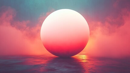 Glowing sphere on reflective surface at sunset, surrounded by atmospheric fog and clouds.