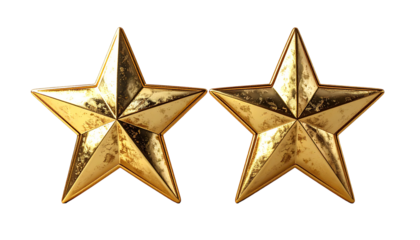 Two golden stars, close-up, on black background.  Highly detailed, textured,  and shiny