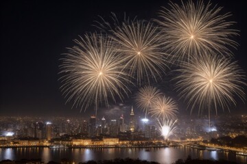 Fototapeta premium Spektakuläres Feuerwerk über der Küstenstadt bei Nacht