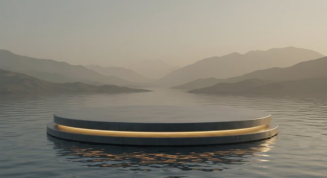 Modern circular platform floating on calm water with mountainous backdrop at dawn
