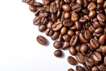 Fototapeta premium Small coffee beans scattered on a white background