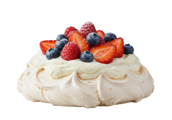 Ethereal pavlova dessert with crisp meringue, marshmallowy interior, fresh raspberries, blueberries, sliced strawberries, powdered sugar, isolated on transparent, high-key macro studio shot, concept