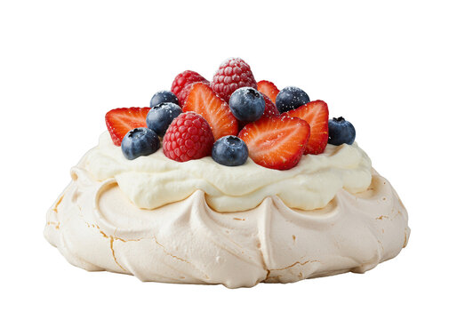 Ethereal pavlova dessert with crisp meringue, marshmallowy interior, fresh raspberries, blueberries, sliced strawberries, powdered sugar, isolated on transparent, high-key macro studio shot, concept