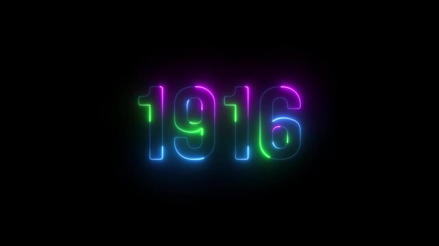 1916 neon line text. Abstract 1916 neon text animation ,For neon color Glowing neon number text background. 1916 title metal text on glowing text animation black background. glow old years animations