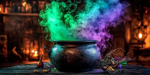Enchanting witch's cauldron emitting vibrant green and purple smoke.