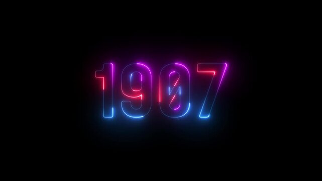 1907 neon line text. Abstract 1907 neon text animation ,For neon color Glowing neon number text background. 1907 title metal text on glowing text animation black background. glow old years animations