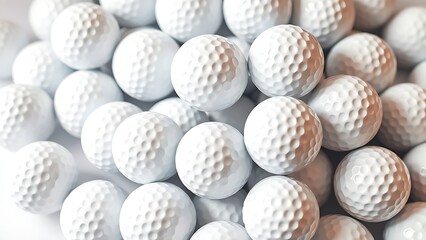 Close-up of a cluster of golf balls, highlighting their pristine white surface and unique dimple texture.